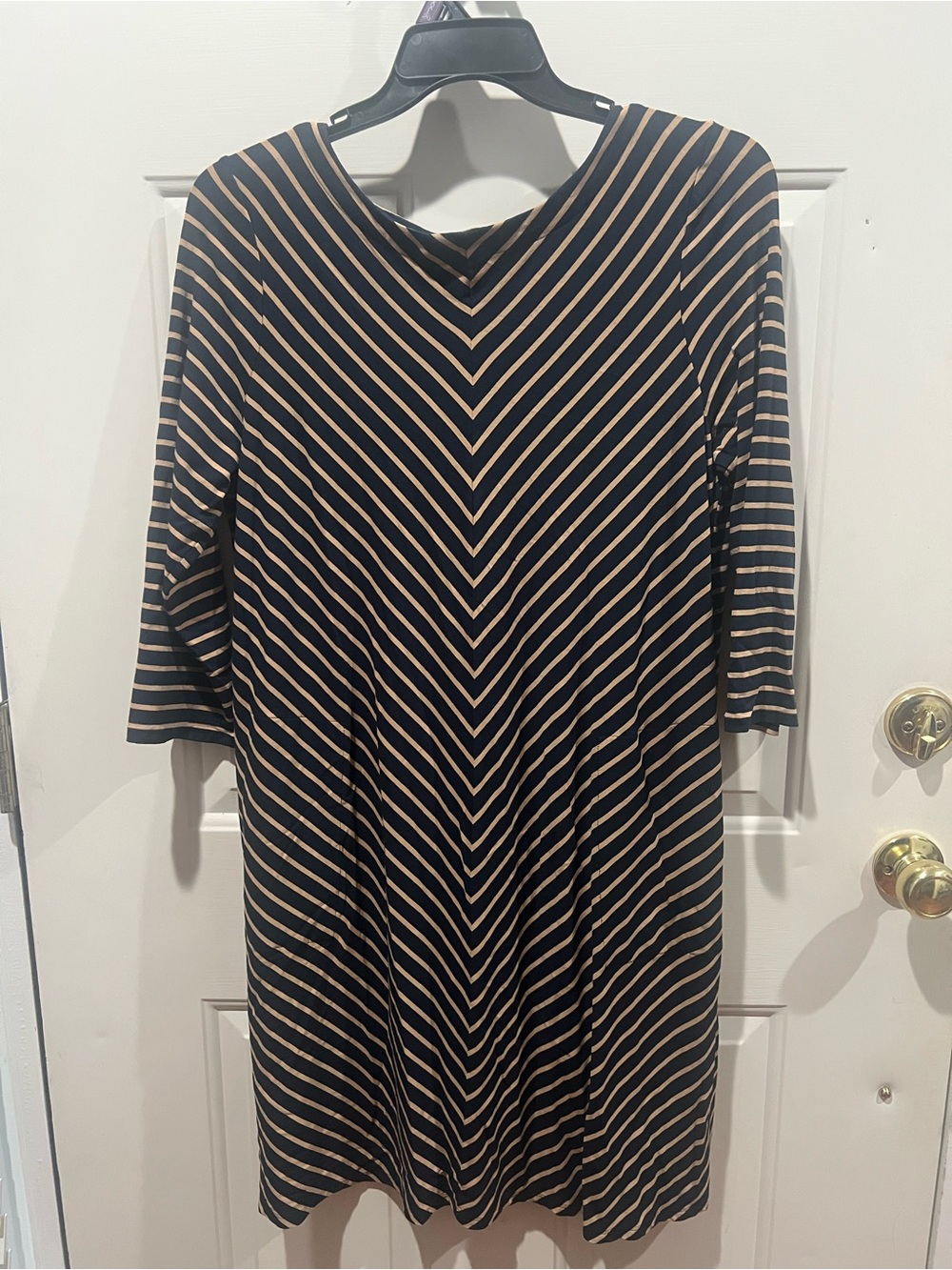 J. Jill Black and Tan Chevron-Striped V-Neck Midi Dress